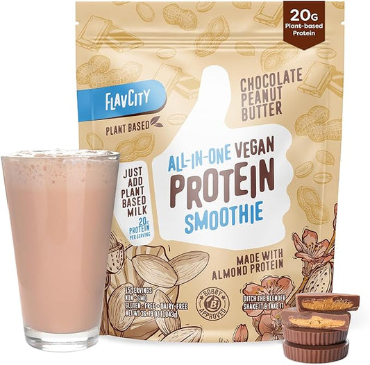 FlavCity All-in-One Vegan Protein Powder Smoothie, Chocolate Peanut Butter - Plant-Based Pre-Workout Meal Replacement Shake for Women & Men Made with 20g of Almond Protein - Gluten Free & Dairy-Free