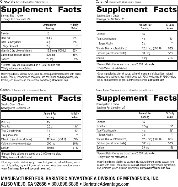 Bariatric Advantage Calcium Citrate Chewy Bites 500mg with Vitamin D3 for Bariatric Surgery Patients Including Gastric Bypass and Sleeve Gastrectomy, Sugar Free - Assorted Sweet Flavor, 90 Count