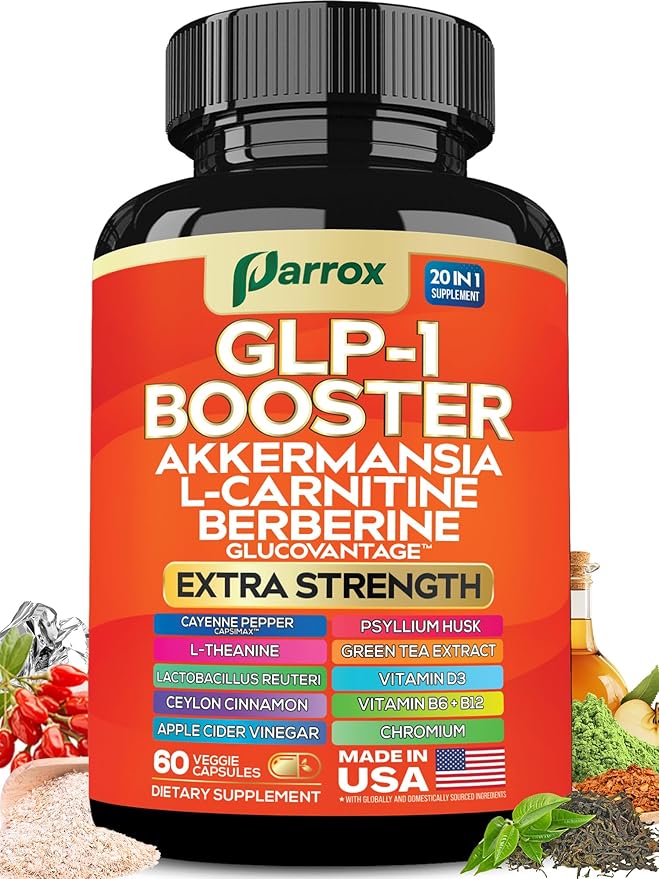 GLP-1 Booster Supplement with Akkermansia, L-Carnitine, Berberine (GlucoVantage), Chromium, Capsimax, Psyllium Husk, Probiotics & Vitamins D3, B6, B12, 20-in-1 Plant-Based Formula (60 Caps)