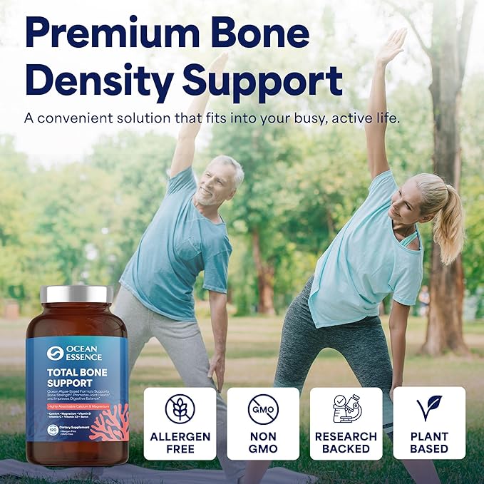 OCEAN ESSENCE Total Bone Support - Plant-Based Algae Calcium Supplement for Supporting Bone Density & Strength - for Men & Women 35+ - 120 Natural Calcium Capsules - Vitamins for Optimal Health
