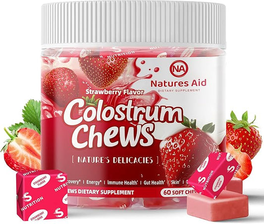 Colostrum Chews Supplement with probiotics for Gut Health, Bloating, Immune Support, Skin, Hair Growth and Beauty - Strawberry Flavor (60 Servings)
