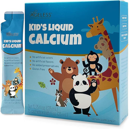 Ageless Liquid Calcium for Kids with Sea Bass Extract, Vitamin D, Zinc, and Magnesium - High Absorption Bone Strength Supplements, Natural Flavor, Gluten-Free - 25 ml (15 Count)