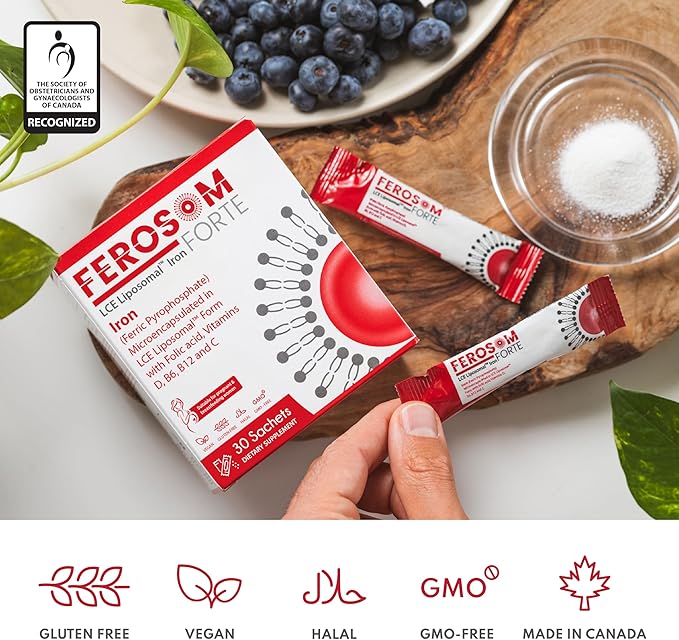 LCE Liposomal Iron – Supplement Powder Gentle on the Stomach – 21g Elemental Iron with Vitamin B12, B6, D, C, Folic Acid – Berry Flavor Powder or Liquid Iron Drink, 30 Vegan Iron Sachets