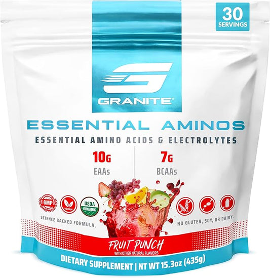 Granite Essential Amino Acids Powder for Muscle Recovery and Growth with 10g EAAs and 7g BCAAs - Soy-Free, Gluten-Free, 448g (30 Servings), Fruit Punch Flavor