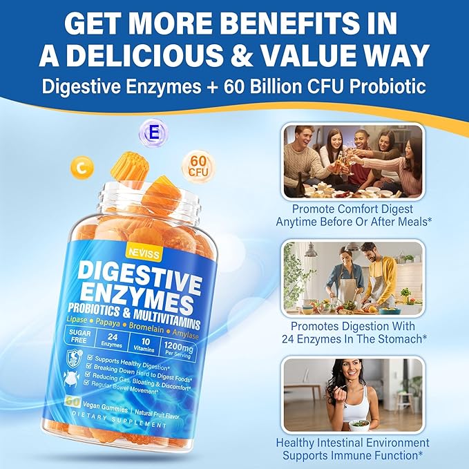1Pack Digestive Enzymes with Probiotic Gummies, Multivitamins, Calcium, Magnesium - All 24 Essential Chewable Multi Enzymes - Papaya, Lipase, Amylase, Bromelain - Breaking Down Carbs, Proteins, Fats