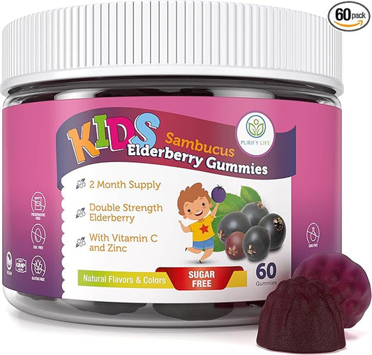 Sugar-Free Kids Elderberry Gummies with Vitamin C & Zinc - Daily Children Elderberry Immune Support Gummies Supplement for Respiratory Health, Sambucus Elderberry Antioxidant Gummies, Vegan (60 Ct)