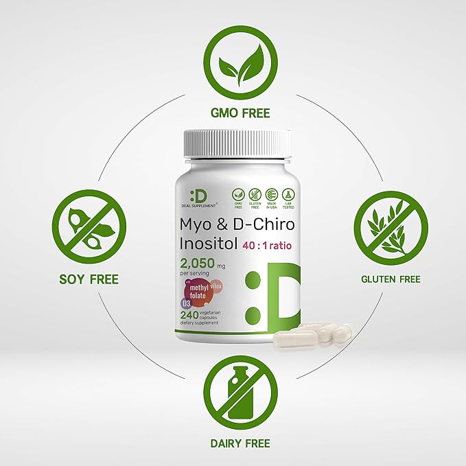 Myo-Inositol & D-Chiro Inositol Supplement (40:1) 2,050mg Per Serving, 240 Veggie Capsules – with Folate, Vitamin D3, & Vitex Complex – Women Health Supplements – Non-GMO