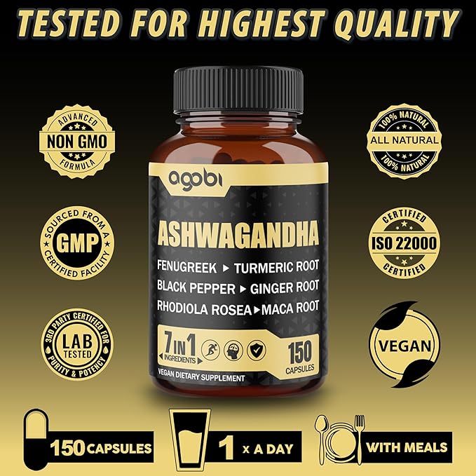 Ashwagandha Extract Capsules 7 Herbal Ingredients 8050 mg - Blended Fenugreek, Maca, Turmeric, Rhodiola, Ginger & Black Pepper - Sleep, Spirit, Immune & Energy Support - 5-Month Supply