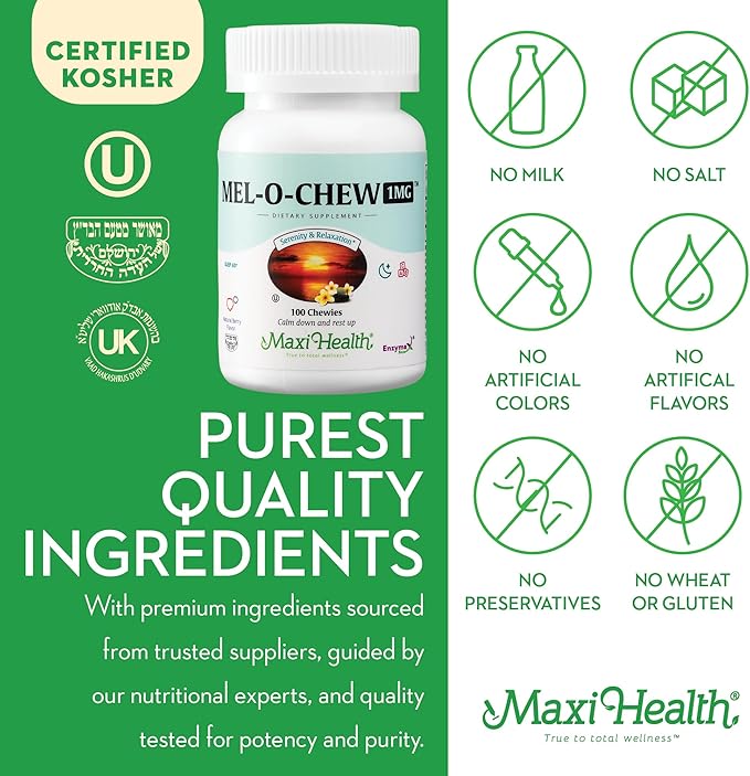 Chewable Melatonin, Kosher Berry Flavor, 1mg Melatonin for Adults or Teens, Natural Aid for Adults, Melatonin Chewables Alternative to Melatonin Gummies Higher 1 mg Dose, Maxi Health (100 Count)