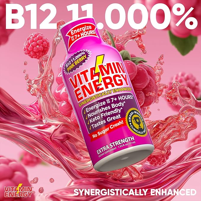 Vitamin Energy B12 11,000% Extra Strength Energy Shot Pink Berry 24 Pack, 260mg Natural Caffeine, B12 & B6, Nootropic Focus, Vitality, Zero Sugar, Gluten-Free, Vegan, Kosher, 1.93 fl oz