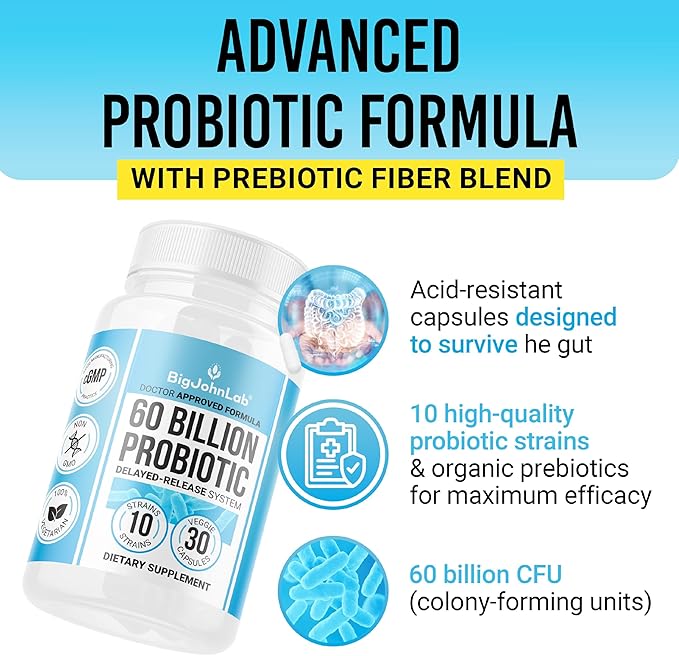 BIGJOHNLAB® - Probiotics 30capsules 1month Supply Women & Men 60 Billion CFU 10 Strains + Organic Prebiotics Immune, Digestive Gut Health Supports Occasional Constipation, Diarrhea, Gas & Bloating