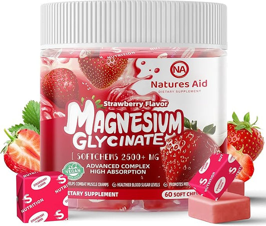 Magnesium Glycinate Soft Chews, Strawberry Flavor.Chewable Sugar Free Potassium Magnesium Chews with Magnesium Glycinate, Vitamin D, B6, and CoQ10 for Calm Support & Sleep for Adults, 60 Days Supply