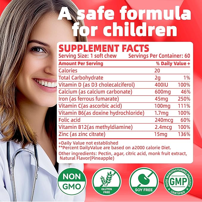 Iron Supplement Chews with Vitamin C for Women Men and Kids, Natural Vegan Iron Soft Chew with Vitamin B6,B12,D, Calcium & Zinc - Energy Support, 60 Strawberry SoftChews,2 Month Supply