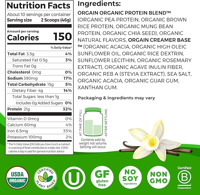 Orgain Organic Vegan Protein Powder, Vanilla Bean - 21g Plant Based Protein, 4g Prebiotic Fiber, No Lactose Ingredients, No Added Sugar, Non-GMO, For Shakes & Smoothies, 1.02 lb (Packaging May Vary)