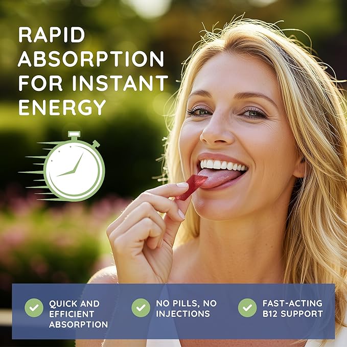 2,000 mcg Methylcobalamin Vitamin B12 Sublingual Energy Strips | Biotin, B6, 5-MTHF L-Methylfolate | Sublingual B12 Vitamins, Folate | Energy, Brain Health, Nerve Function - 90 Strips