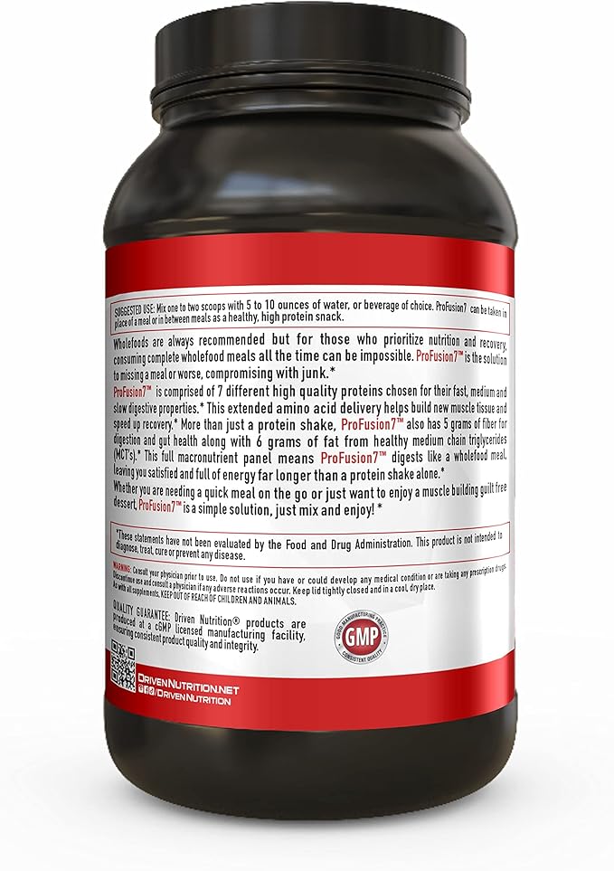 Driven Pro Fusion 7 Meal Replacement Powder - Men & Women, 3 lbs - 24g Protein Per Serving, Digestive Enzymes & MCT Oil - Gluten-Free - On-The-Go Energy & Supports Muscle Mass - Cafe Au Lait