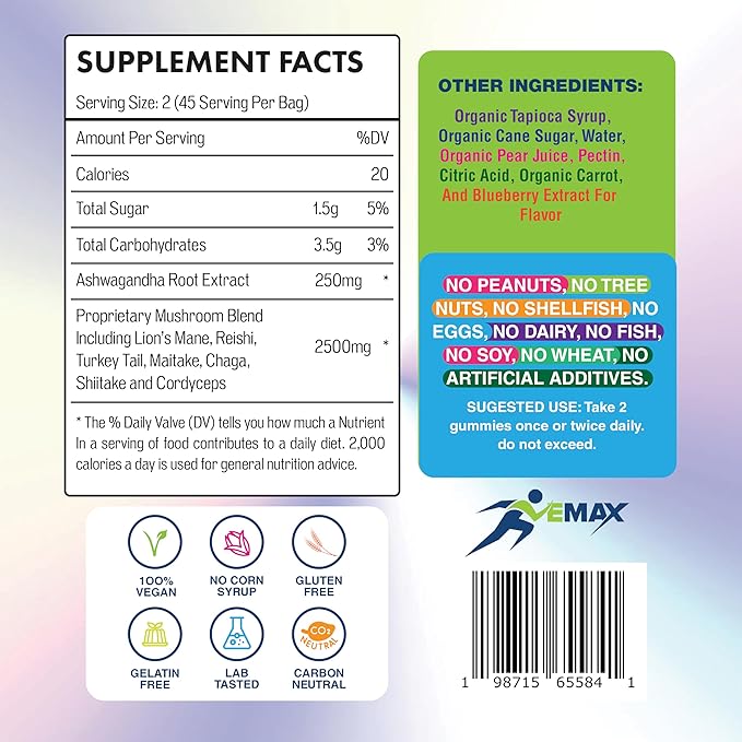 Ashwagandha and Lions Mane Mushroom Gummies for Adults - Organic - Reishi, Maitake, Chaga, Cordyceps, Shiitake, Turkey Tail - Immune Support, Memory, Focus and Energy -Vegan Mushroom Supplement Gummy
