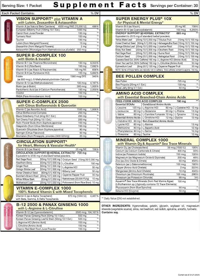 Super Start Complete Daily Vitamin Pack | 10X Energy & Stamina Booster, Muscle Support | Vitamin A, B, C, D, E, B12, Minerals, Amino Acids, Bee Pollen, Ashwagandha, Panax Ginseng (30 Packets)