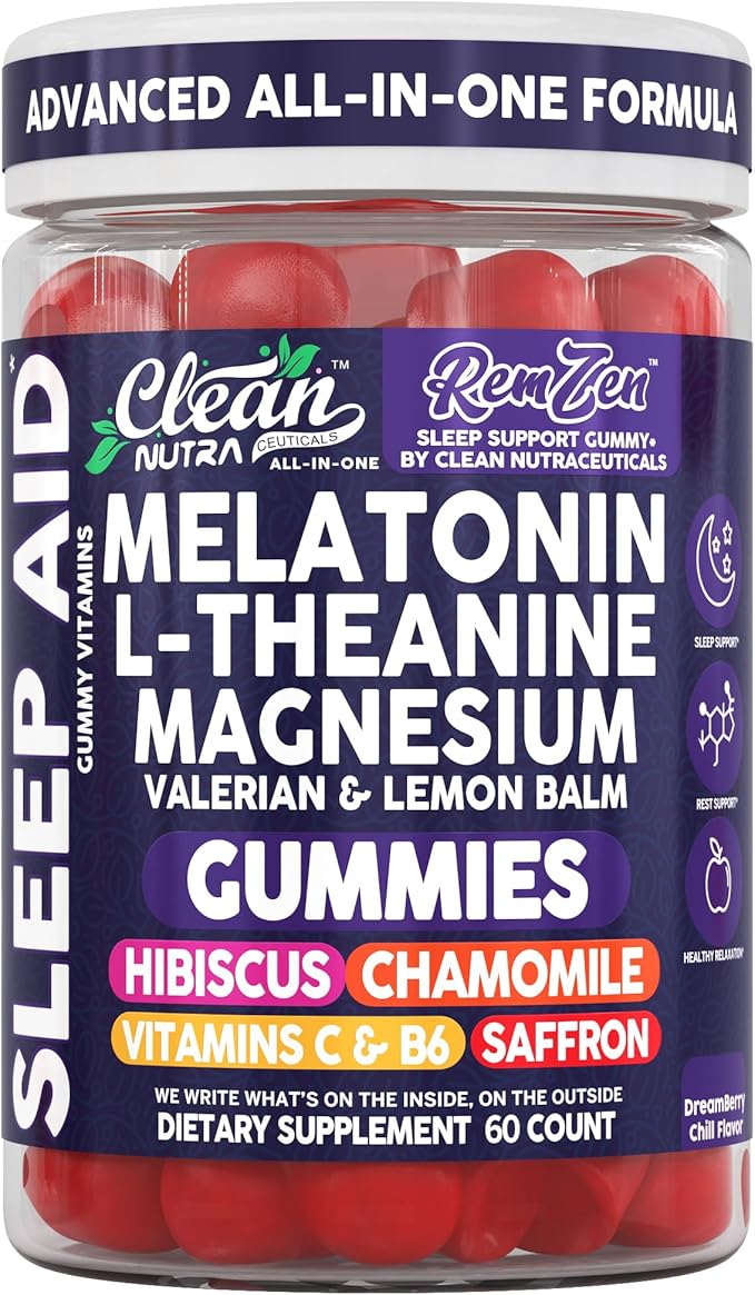Clean Nutra Melatonin Gummies L Theanine Magnesium Valerian Root Lemon Balm Chamomile Vitamin C Gummy Saffron Sleep Aid Calm Vitamin B6 Stress Relief Hibiscus Relax Mood Happy Supplement Men Women