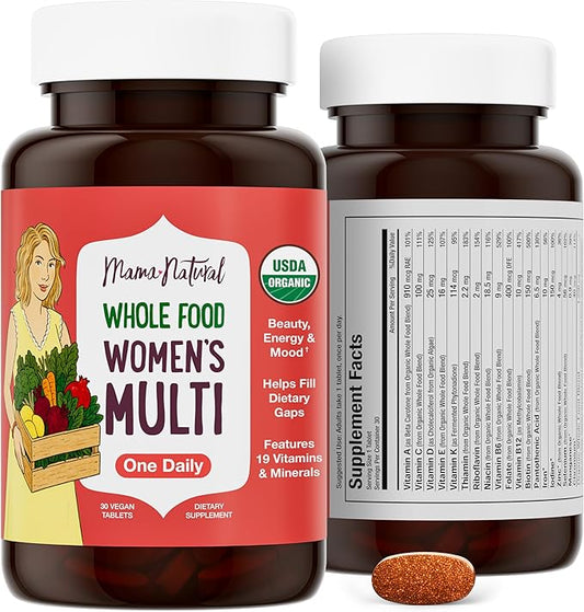 Mama Natural Organic Women's Multivitamin – Whole Food Based, 1 A Day Vegan Tablet – USDA Organic, Non-GMO, Clean Label Multivitamin for Women – 30 Day Supply with Iron & Methylated B12