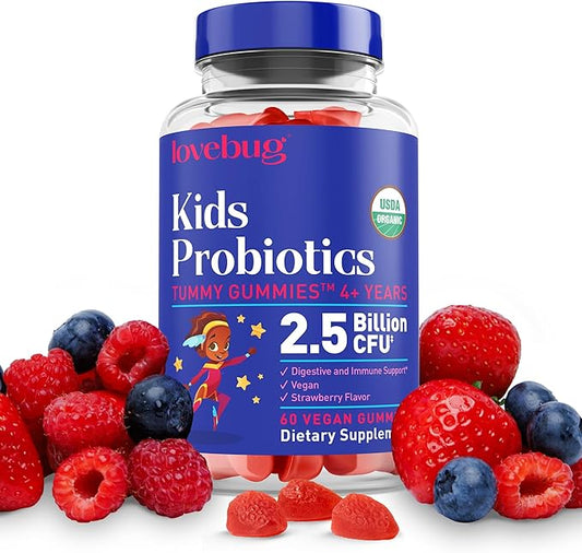Lovebug Kids Probiotic Gummies – Organic Chewable Probiotics for Kids Aged 4+, Soil-Based Children’s Probiotic for Gut Health, Constipation, Digestive & Immune Support, Vegan, 60 Chews, Strawberry