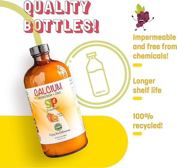 Organic Liquid Calcium for Kids - Magnesium, Zinc, Calcium Citrate & Vitamin D3 Calming Syrup & Liquid Calcium Supplement, NO Sugar NO Artificial Flavors, Vegetarian Halal Kosher