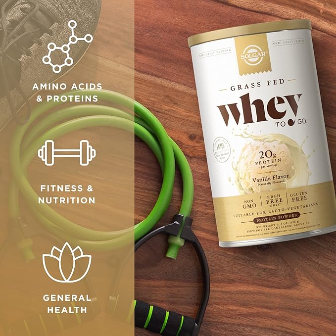 SOLGAR Grass Fed Whey to Go, Vanilla - 11.9 oz, Pack of 2 - Grass-Fed Whey Protein Powder - rBGH Free, Non-GMO, Gluten Free - 26 Total Servings