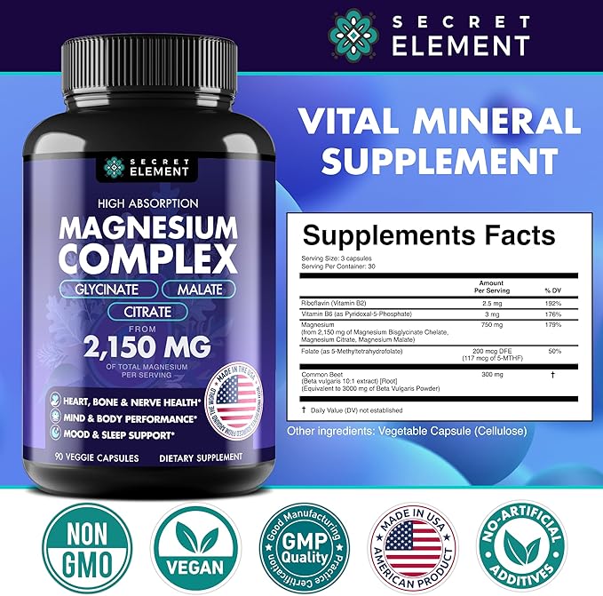Magnesium Complex 2,150MG, High Absorption Capsules with Magnesium Glycinate, Citrate & Malate, Plus Vitamin B6, B2, Folate & Beet Root, Vegan, Non-GMO, No Artificial Additives, 90 Capsules