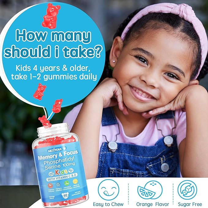 Phosphatidylserine Supplement 100mg, Focus Gummies for Kids Teens + Vitamin C & D3 400IU, Sugar Free Kids Brain Gummies Increase Attention & Concentration, Chewable, Vegan, Gluten Free, Non-GMO 2 Pack