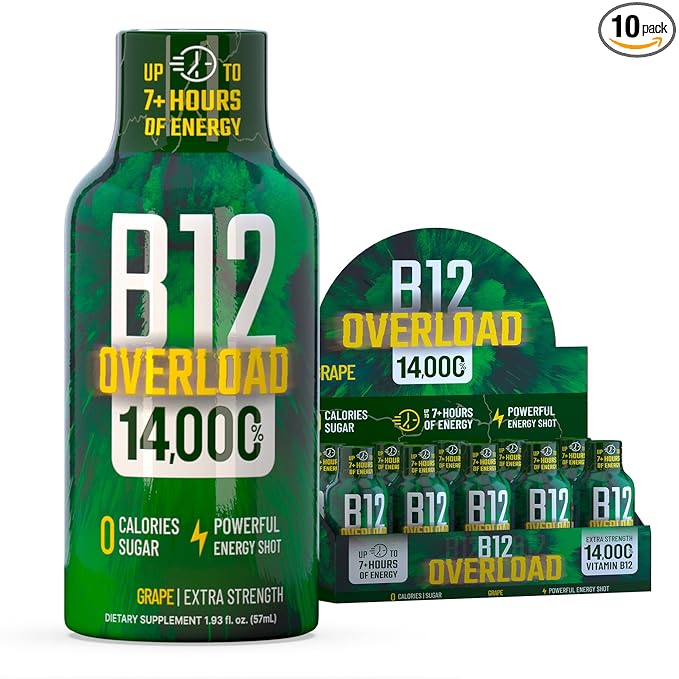B12 Overload Extra Strength Energy Shot – Grape – 260mg Caffeine, 14000% B12, Electrolytes – Energy & Vitality Support – Zero Sugar No Calories – Vegan, Kosher, Gluten-Free – 1.93 fl oz, 10-Pack