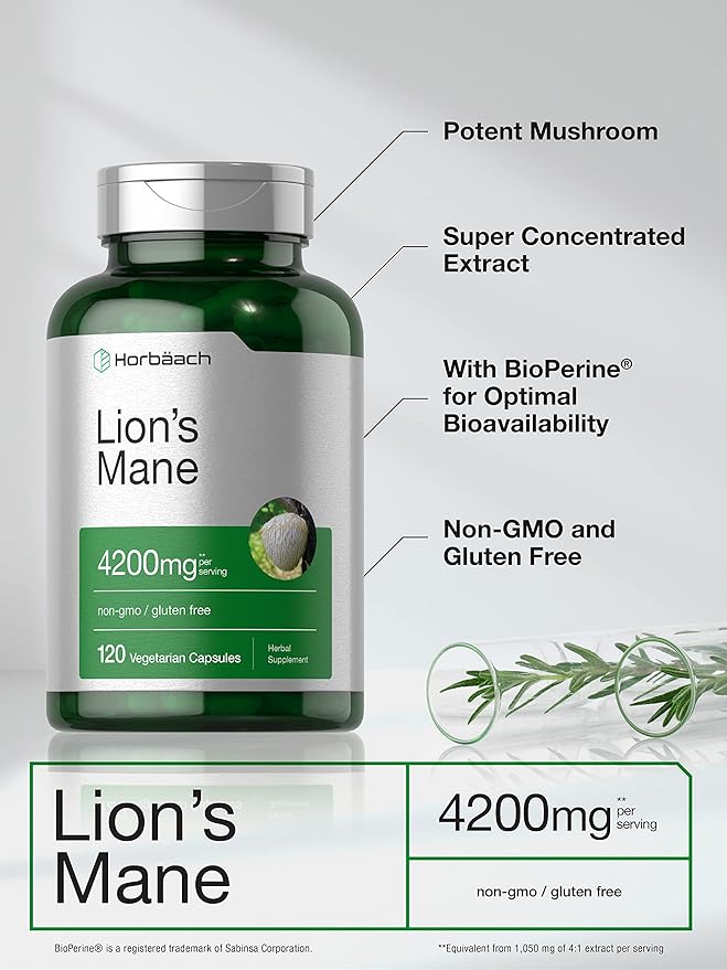 Horbäach Lions Mane Mushroom Extract | 4200mg | 120 Capsules | Vegetarian, Non-GMO, Gluten Free Supplement