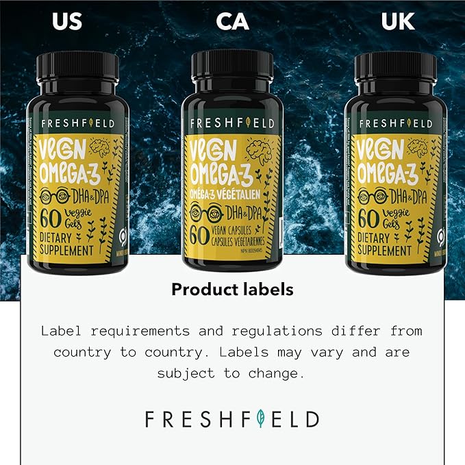 Freshfield Vegan Omega 3 DHA: Algae Oil, Carrageenan Free, Sustainably Sourced, Tested, No Heavy Metals, Replacement for Fish Oil, Carbon Neutral. Supports Heart, Brain, Joint Health w/DPA