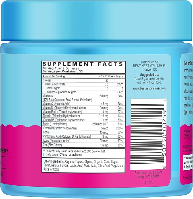 Best Nest Wellness Multi Plus Gummies - Brain Health Support Supplement with Methylated Vitamins - Chewable Multivitamin for Kids - Aids Healthy Energy & Immune Function - Raspberry, 60 Gummies