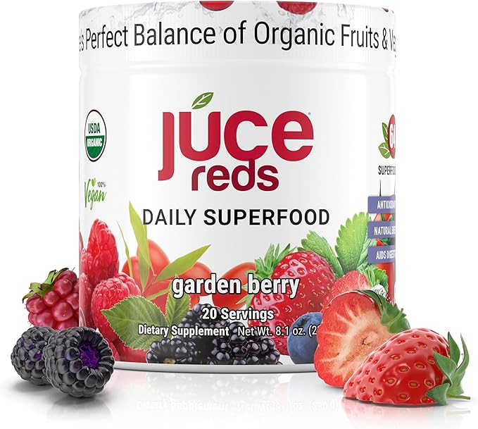 JUCE Reds Organic Superfood Powder - Garden Berry Flavor | Fruit & Veggie Powder for Everyone w/64 Immune Boosting Superfood Plus Probiotics for Gut Health | 20 Servings (230g)