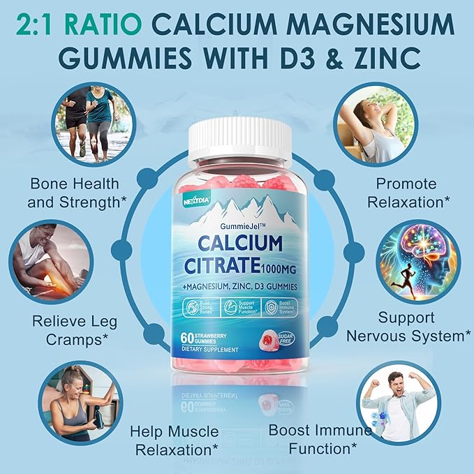 Calcium Citrate Gummies 1000mg, Easily Absorbed Calcium with Magnesium 500mg, Zinc, D3, B6 & Potassium, Chewable Calcium Supplement for Women & Men, Bone & Teeth, Muscle & Immune Support, Vegan 60Cts