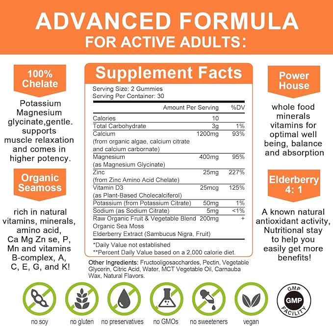 Calcium Gummies with D3,Zinc - Plant Complex Calcium Magnesium Supplement with Glycinate,Potassium,Vitamin C &Whole Natural Food for Bone & Immune Support- Chewable Gummy Sugar-Free -(1pack)