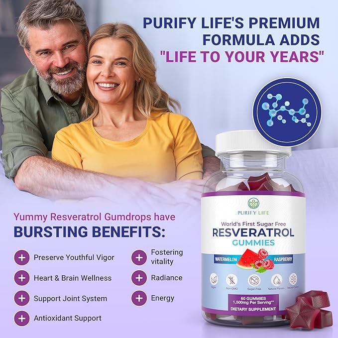 Purify Life Sugar-Free Resveratrol Gummies - Potent 1500mg Resveratrol Supplement to Support Digestive & Immune Health - Supplement for Antioxidant Support, Cell Regenerator & Repair