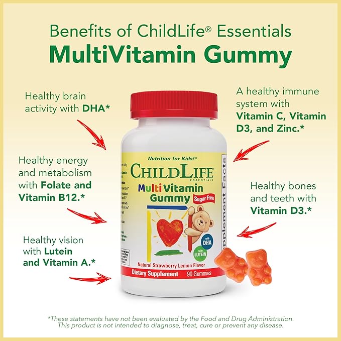 CHILDLIFE ESSENTIALS Multivitamin Gummies for Kids - Children's Vitamins, Kids Multivitamins with DHA, Sugar Free - Natural Strawberry, 90 Count