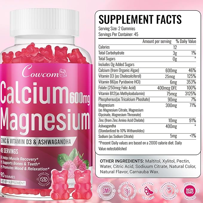 Calcium Magnesium Zinc Gummies for Kids Adults,High Absorption Magnesium Glycinate 300mg with Vitamin D3,B6,B12 for Bone,Muscles,Calm Mood,Sleep Support,Sugar-Free,Vegan,Raspberry Flavor,90 Counts