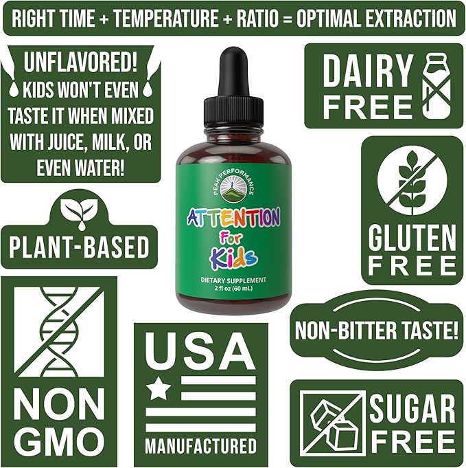 Kids Focus Drops. Attention Deficit Liquid Supplement for Concentration, Attention, Brain, Memory. No Bitter Taste. Natural Non-Habit Forming Sugar Free 7-in-1 Vegan Nootropic for Children, Teenagers