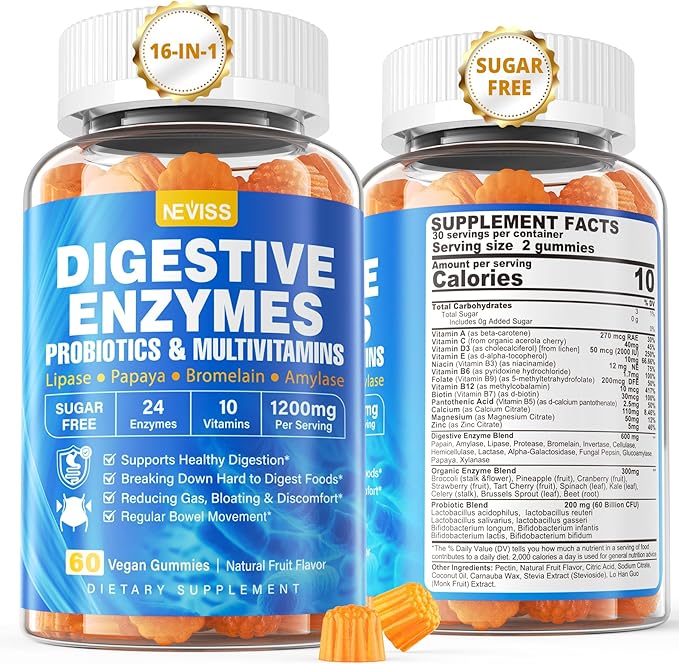 1Pack Digestive Enzymes with Probiotic Gummies, Multivitamins, Calcium, Magnesium - All 24 Essential Chewable Multi Enzymes - Papaya, Lipase, Amylase, Bromelain - Breaking Down Carbs, Proteins, Fats