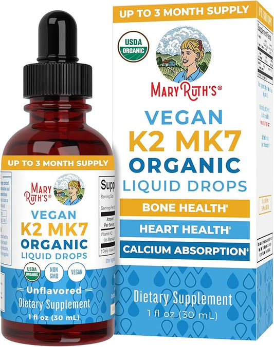 MaryRuth Organics USDA Organic Vitamin K2 MCT Liquid Drops for Adults & Kids | 100 mcg K2 MK7 per serving + Organic MCT Oil | Vegan K2 Vitamin for Bone Health | Heart Health | Calcium Absorption | 1oz