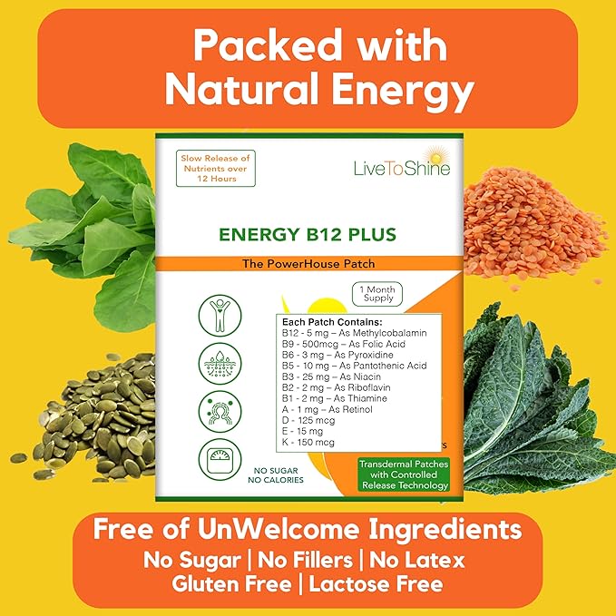 Live To Shine B12 Energy Plus Topical Patch - Energy and Focus Support for Women and Men - 30-Day Supply - USA Made