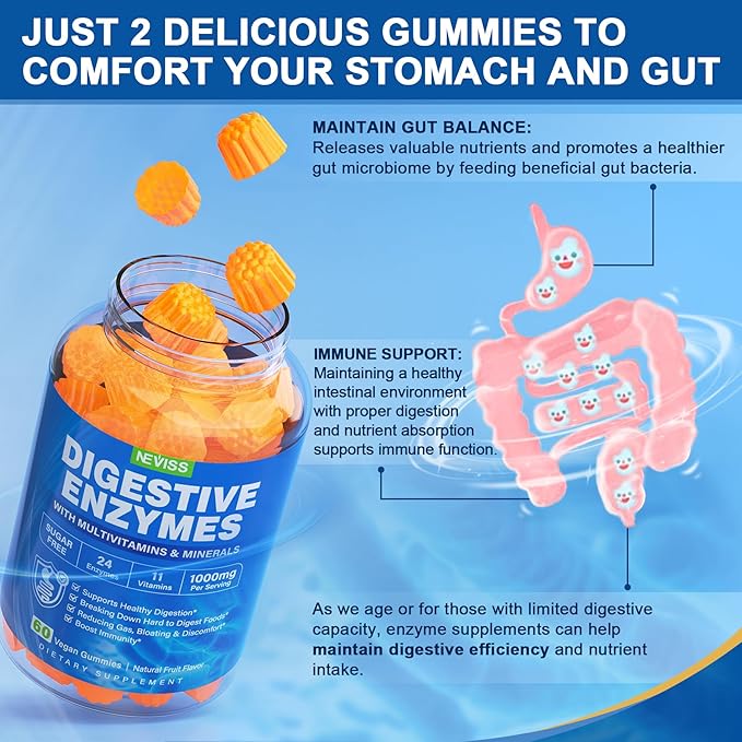 1Pack Digestive Enzymes with Probiotic Gummies, Multivitamins, Calcium, Magnesium - All 24 Essential Chewable Multi Enzymes - Papaya, Lipase, Amylase, Bromelain - Breaking Down Carbs, Proteins, Fats