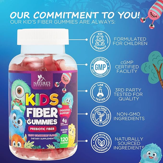 Fiber Gummies for Kids, Daily 4g Gummy Fiber Supplement, Prebiotic Digestive Health Support - Nature's Plant Based Soluble Fiber, Supports Regularity & Digestion for Kids Non-GMO - 120 Gummies