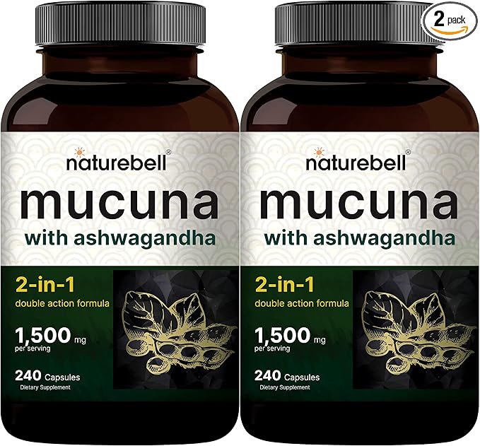 2 Pack NatureBell Mucuna Pruriens Capsules, 1500mg Per Serving, Made with Mucuna and Ashwagandha, 480 Capsules, 2 in 1 Formula, Contains Mucuna Pruriens Seeds for Mood Mind and Brain Health