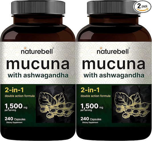 2 Pack NatureBell Mucuna Pruriens Capsules, 1500mg Per Serving, Made with Mucuna and Ashwagandha, 480 Capsules, 2 in 1 Formula, Contains Mucuna Pruriens Seeds for Mood Mind and Brain Health