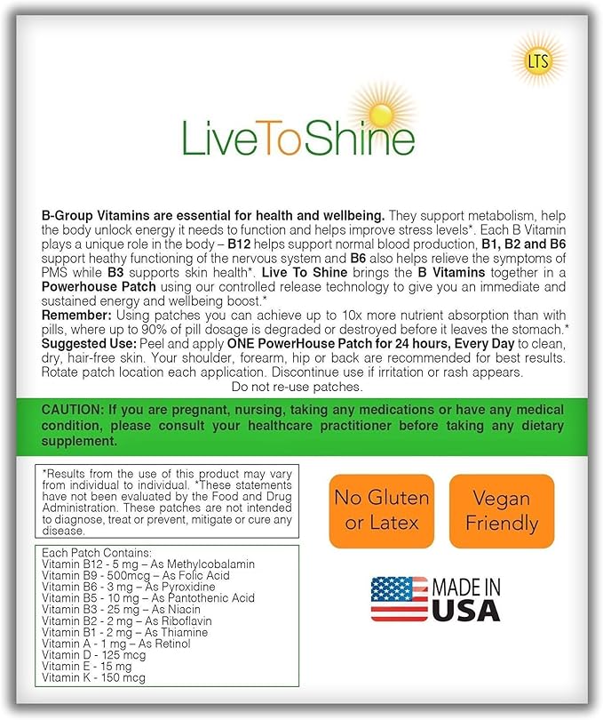 Live To Shine B12 Energy Plus Topical Patch - Energy and Focus Support for Women and Men - 30-Day Supply - USA Made