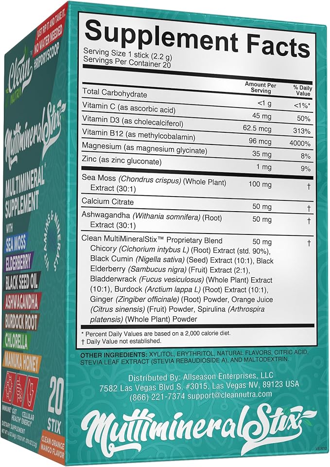 Sea Moss Powder Elderberry Ashwagandha Chlorella Manuka Honey VitaminD3 Vitamin C Zinc Spirulina Iodine Greens Detox Immune Support Sugar Free Hydration Powder Drink Mix – 20 Sticks