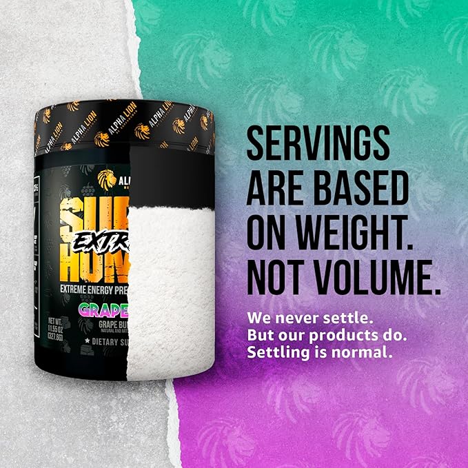 ALPHA LION Superhuman Extreme High Stim Pre Workout Powder, Beta Alanine, L-Taurine & 356mg Tri-Source Caffeine for Sustained Energy, Nitric Oxide & Citrulline for Pump (21 Servings, Grape Flavor)